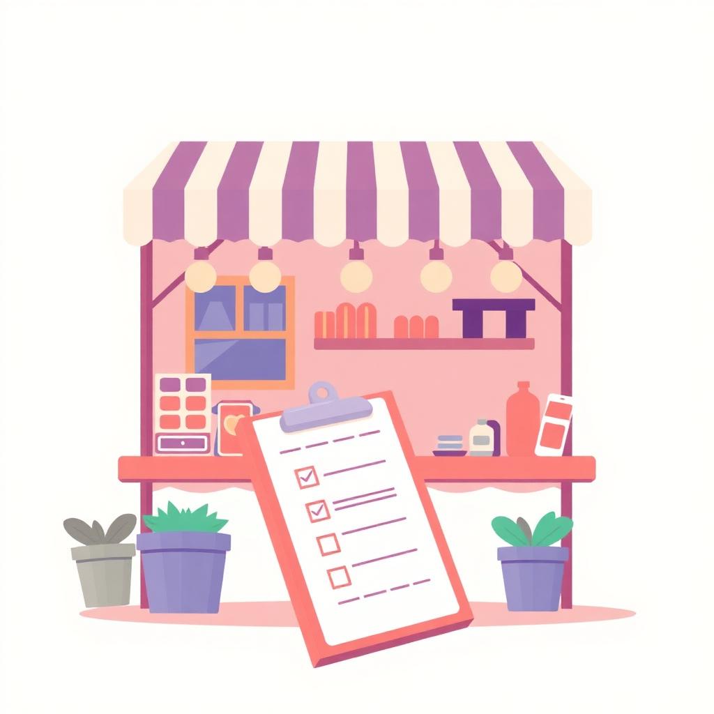 Illustration of a small pop-up market booth with a striped awning and a clipboard showing a vendor compliance checklist.